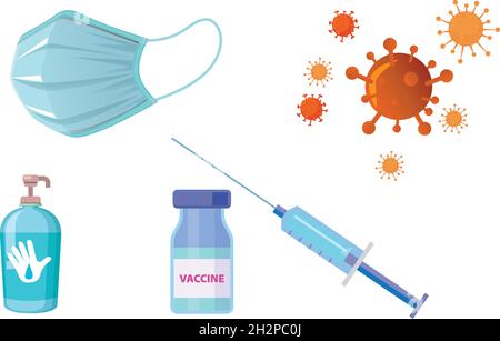Coronavirus prevention symbols: mask, hand sanitizer, vaccine, Vector illustration. Stock Vector
