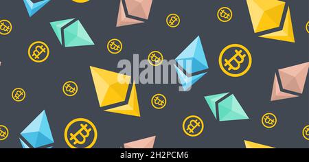 Bitcoin pattern. Simple seamless pattern, gold symbols of bitcoin on black background, vector illustration Stock Vector