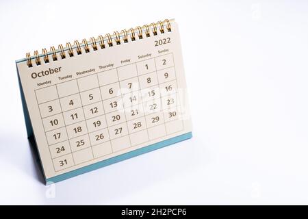 October 2022 calendar: month page on white background isolated Stock Photo