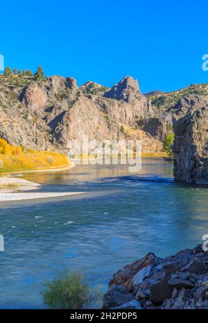 fall colors and cliffs along the missouri river near dearborn, montana Stock Photo