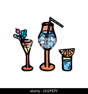 Set of color vector illustrations of glasses of cocktails with tubule, berries and orange. Lettering Bar Set.  Stock Vector