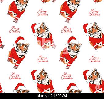 Christmas pattern with tiger in santa hat and lettering. Stock Vector