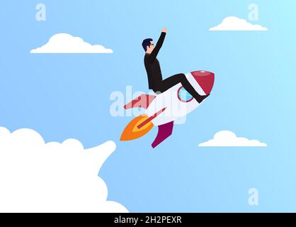 Businessman sitting on Rocket, business startup Concept illustration Stock Vector