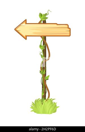 Wooden sign in the jungle. Direction indicator. Empty board with place for text. With wood texture. Cartoon style. Isolated on white background Stock Vector
