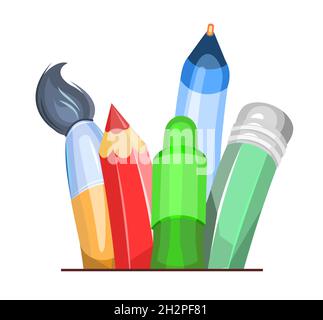 Stationery. Brushes and pencils. Cartoon funny style. Symbolic object. Isolated on white background. Childrens design. Vector. Stock Vector
