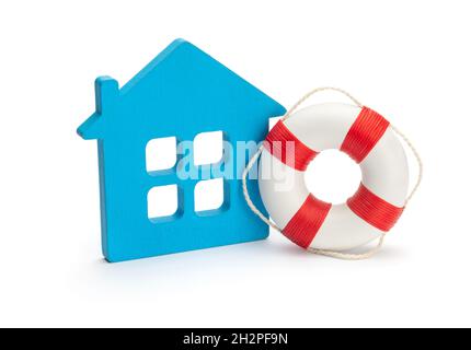 Lifebuoy and blue house. The concept of assistance in buying a house. isolated on white background.. Stock Photo