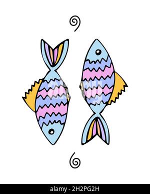 Set of colorful fish blowing wave. Marine set of vector illustrations. Stock Vector