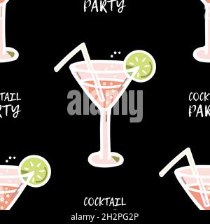 Seamless pattern of glasses with cocktail, bubbles and lemon slices, straws on a black background. Icon vector. Stock Vector