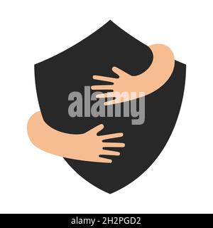 Human hands embracing or holding shield sign vector flat illustration isolated on white background. Creative emblem with black big security symbol and hugging arms. Logo with a hug. Stock Vector
