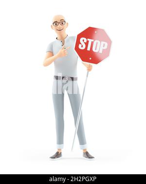 3d senior man pointing at stop sign, illustration isolated on white background Stock Photo