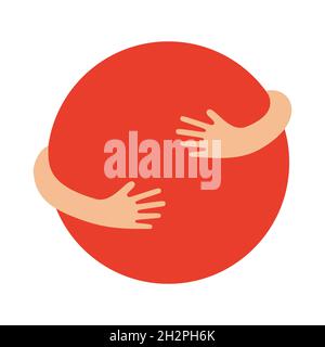 Human hands embracing or holding circle vector flat illustration isolated on white background. Creative emblem with a red big round figure and hugging arms. Logo with a hug. Stock Vector