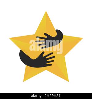 Human hands embracing or holding five pointed star vector flat illustration isolated on white background. Creative emblem with yellow big star and hugging black arms. Logo with hug. Stock Vector