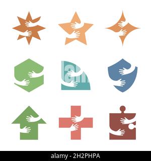 Arms holding or embracing different colorful geometric figures vector flat illustration. Emblems with hands in different colors. logo design template. Stars, puzzles, plus, arrows, shield signs. Stock Vector