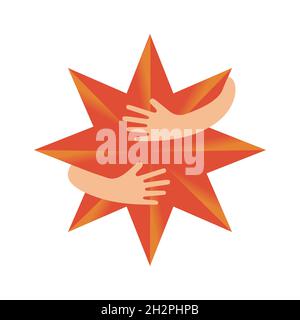 Human hands embracing or holding eight pointed star vector flat illustration isolated on white background. Creative emblem with a red big star and hugging arms. Logo with a hug. Stock Vector