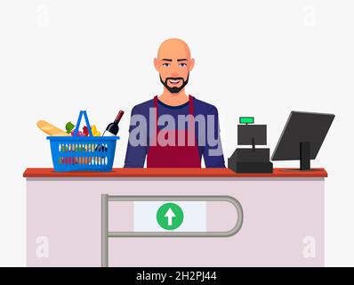 Cashier Man Infront of Counter character Illustration Stock Vector