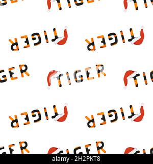 Seamless pattern with tiger letters and word in red Santa hat. Festive print for new year and winter holidays, textiles, wrapping paper and designs Stock Vector
