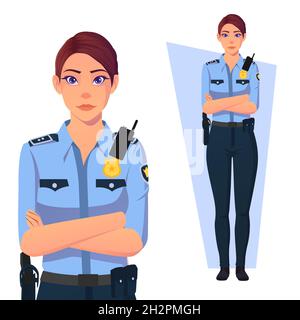 Policewoman With Arms Folded, Wearing blue Uniform Premium Vector Stock Vector