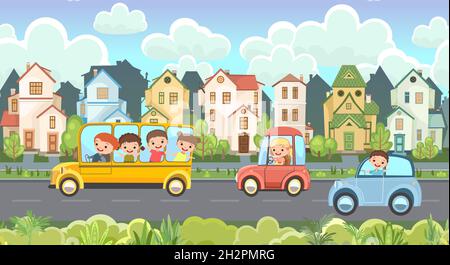 Street traffic. Cartoon childrens illustration. Children on vacation. Town  landscape with suburban road. Automotive tourism. Travel children. Fun and  Stock Vector Image & Art - Alamy