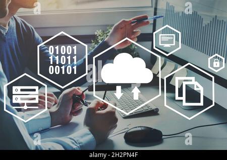 cloud computing concept, data storage online on internet servers, business people working on background Stock Photo
