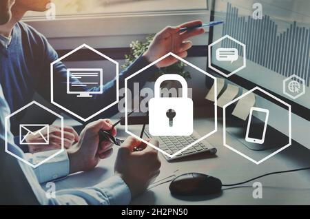 privacy, information leak and cybersecurity concept, protection of private data, emails and documents, virtual diagram with icons Stock Photo