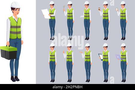 Female Construction Worker, Engineer Character Set With Different Poses, Tools and Actions Stock Vector