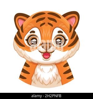 Cute african tiger cub face portrait. Funny little baby bengal wildcat head. Orange striped wild jungle cat or leopard. Happy kitten kid print. Vector Stock Vector