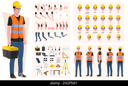 Construction Worker, Engineer Character Creation Pack, with Tools, Equipements, gestures and Face Expressions. Stock Vector