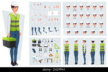 Construction Worker, Engineer Character Creation Pack, with Tools, Equipements, gestures and Face Expressions. Stock Vector