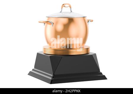 Stainless steel stock pot with glass cover golden award concept. 3D rendering isolated on white background Stock Photo