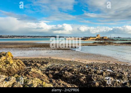 Saint Aubin Fort in a low tide waters, La Manche channel, bailiwick of Jersey, Channel Islands Stock Photo