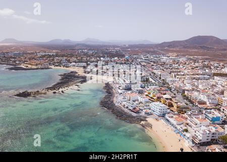 Corralejo aerial cityscape, port city in Fuerteventura, beautiful panoramic view of Canary islands, Spain Stock Photo