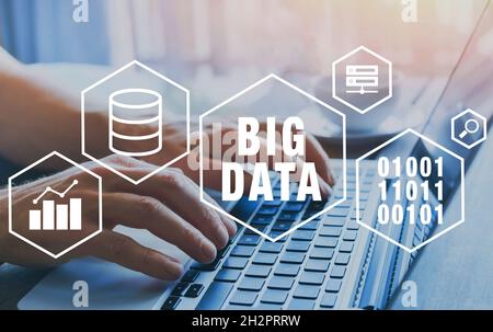 big data concept diagram with icons, hands using computer on background Stock Photo