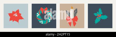 Poinsettia, plants and flowers, holly berries, mistletoe with a red bow, a candle with fir branches and a bow. Set of Christmas isolated elements for Stock Vector