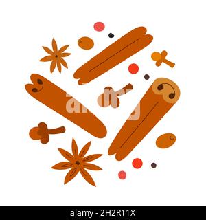 Mulling spices pile, cinnamon sticks, anise star and clove, seasoning ingredients formulled wine recipe, hand drawn illustrations, vector icons on Stock Vector