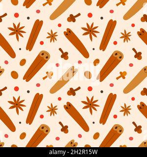 Various spices pattern, cinnamon rolls, anise star and clove seasoning, hand drawn illustration, seamless background with cooking ingredients Stock Vector