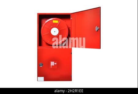 Red fire water hose a cabinet isolated on white background Stock Photo