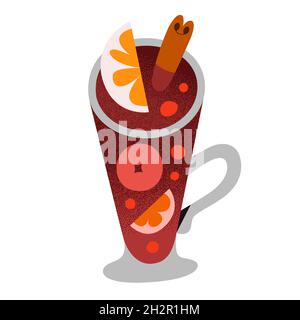 Glintwine in glass, mulled wine with spice, cinnamon stick, apple, orange fruit and berries, hand drawn doodle illustration, vector icon isolated on Stock Vector
