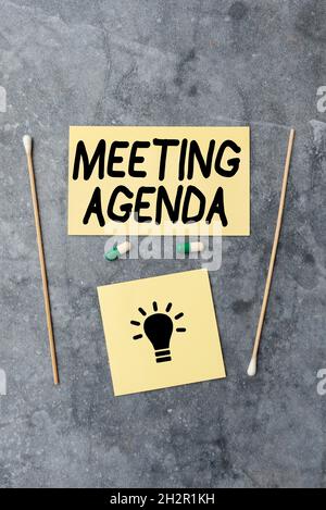 Text showing inspiration Meeting Agenda. Business concept items that participants hope to accomplish at a meeting Writing Prescription Medicine Stock Photo
