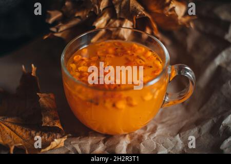 Close up llarge mug of hot orange sea buckthorn tea in a cozy home autumn evening still life with dry leaves. Stock Photo