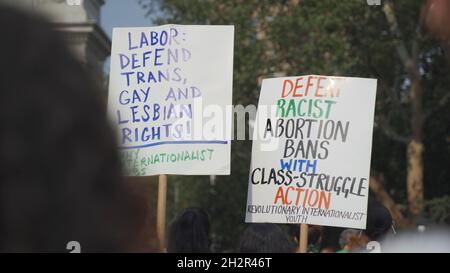 September 10, 2021 - New York, USA : Movement against the prohibition on abortion. People hold cardboards with inscription. Women's rights protest in Stock Photo