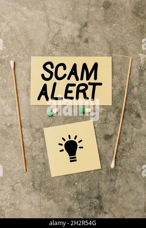 Handwriting text Scam Alert. Internet Concept unsolicited email that claims the prospect of a bargain Writing Prescription Medicine Laboratory Testing Stock Photo