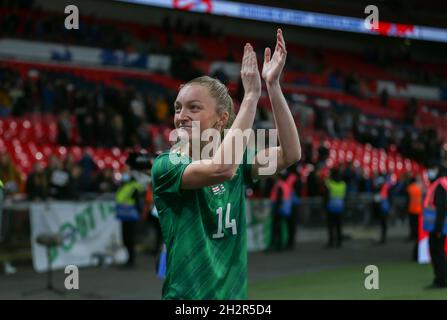 London, England, Oct 23rd 2021: Lauren Wade (14 Northern Ireland)  thanks the visiting Northern Ireland fans during the FIFA Womens World Cup Qualifier game between England and Northern Ireland at Wembley Stadium in London, England.  Pedro Soares/SPP Stock Photo