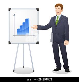 Happy businessman gesturing towards flip chart Stock Vector