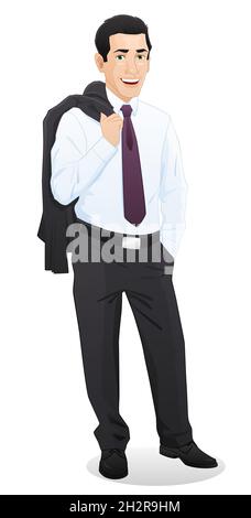 Happy businessman with a jacket thrown over his shoulder Stock Vector
