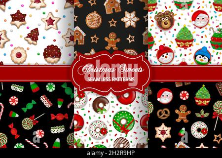 Set of christmas seamless patterns with sweets. collection of textures with christmas candies, cookies, gingerbreads and cakes Stock Vector