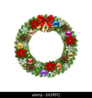 Christmas wreath with decorations and gold bells Stock Vector