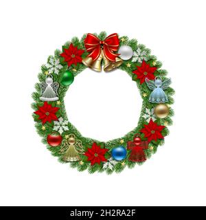 christmas wreath with red bow, gold bells and decorations Stock Vector