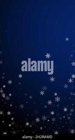 Sparse snowfall Christmas background. Subtle flying snow flakes and stars on dark blue background. Alluring winter silver snowflake overlay template. Stock Vector