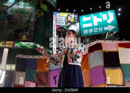 Tokyo, Japan. 23rd Oct, 2021. Shinjuku Ward Council representative and transgender-activist, Karen Yoda speaks at the Unite For Our Future event in Shinjuku.In an effort to unseat the ruling LDP (Liberal Democratic Party) in the October 31st Lower House election called by Japan's new Prime Minister, Fumio Kishida, the main, left-leaning opposition parties have decided to campaign together and not field candidates against each other. (Photo by Damon Coulter/SOPA Images/Sipa USA) Credit: Sipa USA/Alamy Live News Stock Photo