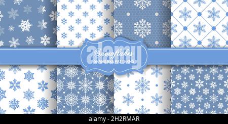 Set of textures with snowflakes. collection of christmas or winter seamless patterns Stock Vector